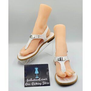 Michael Kors Women's White & Silver Logo Plate Signature T-Strap Sandals 8M 2699
